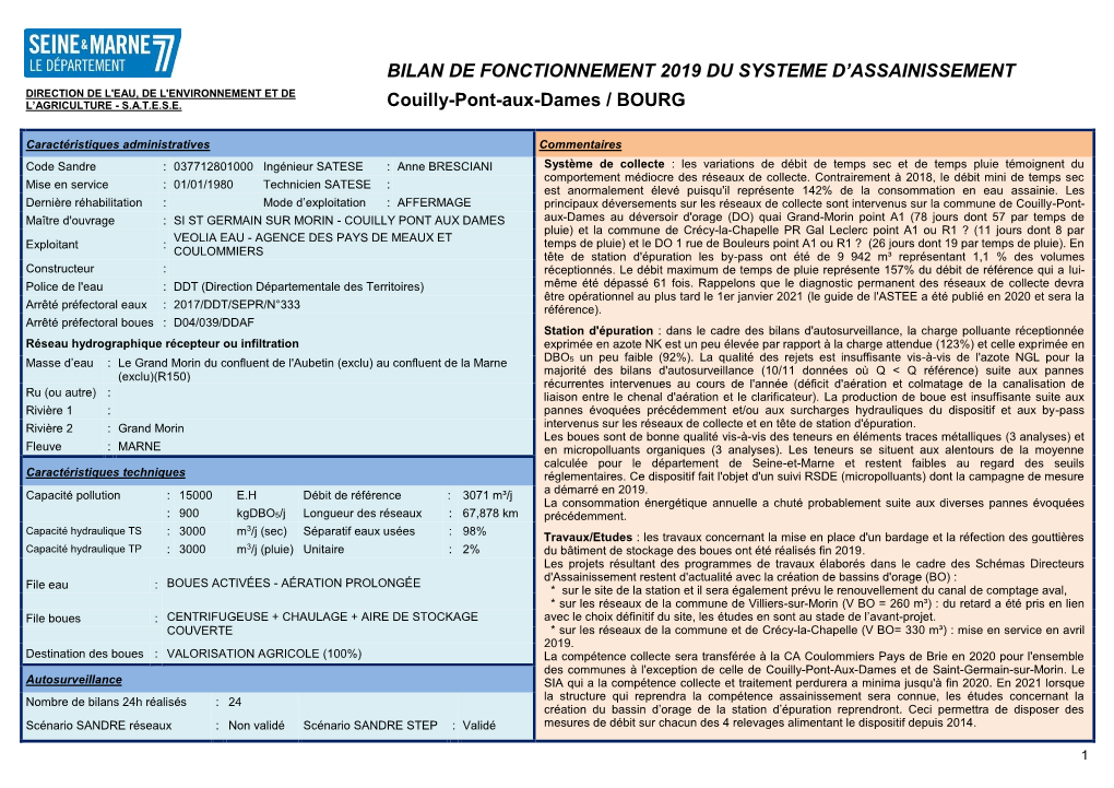 Bilan De Fonctionnement 2019 Du Systeme D’Assainissement Direction De L'eau, De L'environnement Et De L’Agriculture - S.A.T.E.S.E