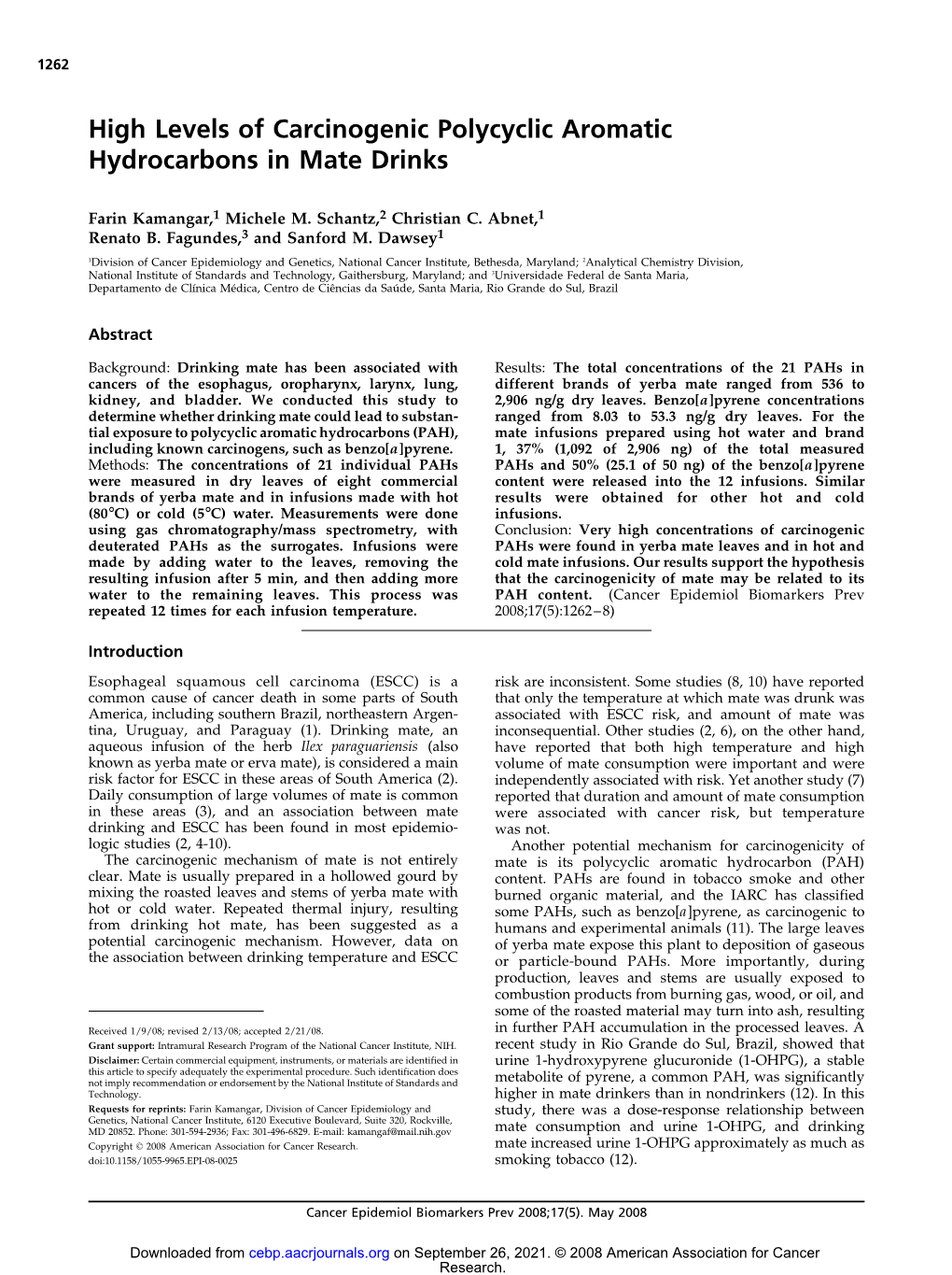 High Levels of Carcinogenic Polycyclic Aromatic Hydrocarbons in Mate Drinks