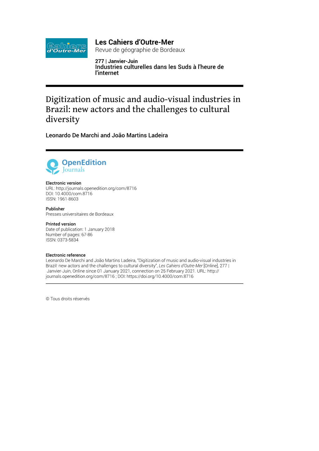Digitization of Music and Audio-Visual Industries in Brazil: New Actors and the Challenges to Cultural Diversity
