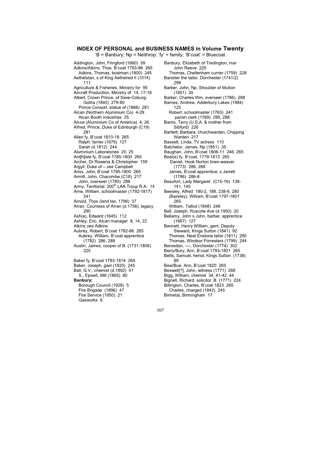 INDEX of PERSONAL and BUSINESS NAMES in Volume Twenty ‘B = Banbury; Np = Neithrop; ‘Fy’ = Family; ‘B’Coat’ = Bluecoat