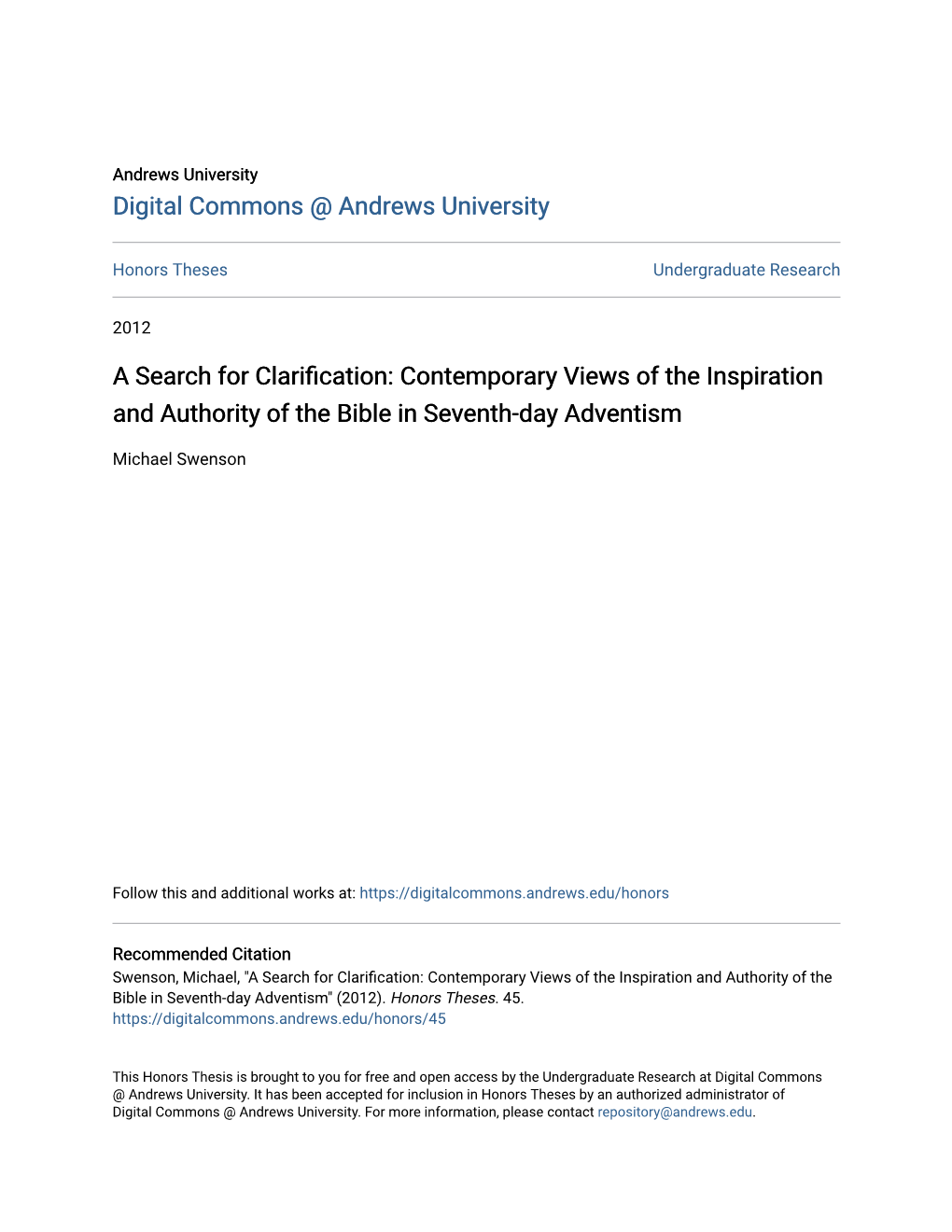 Contemporary Views of the Inspiration and Authority of the Bible in Seventh-Day Adventism