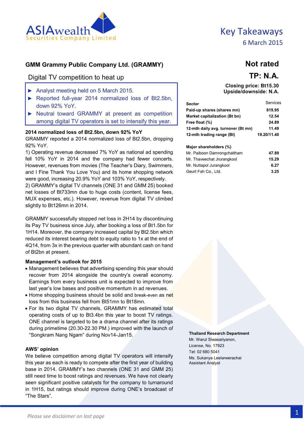 Key Takeaways 6 March 2015