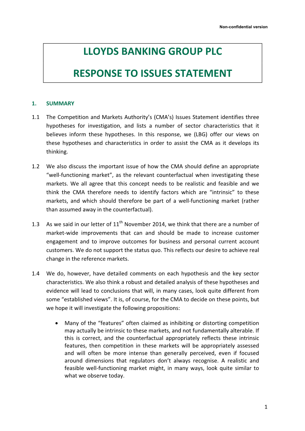 Lloyds Banking Group Plc Response to Issues Statement