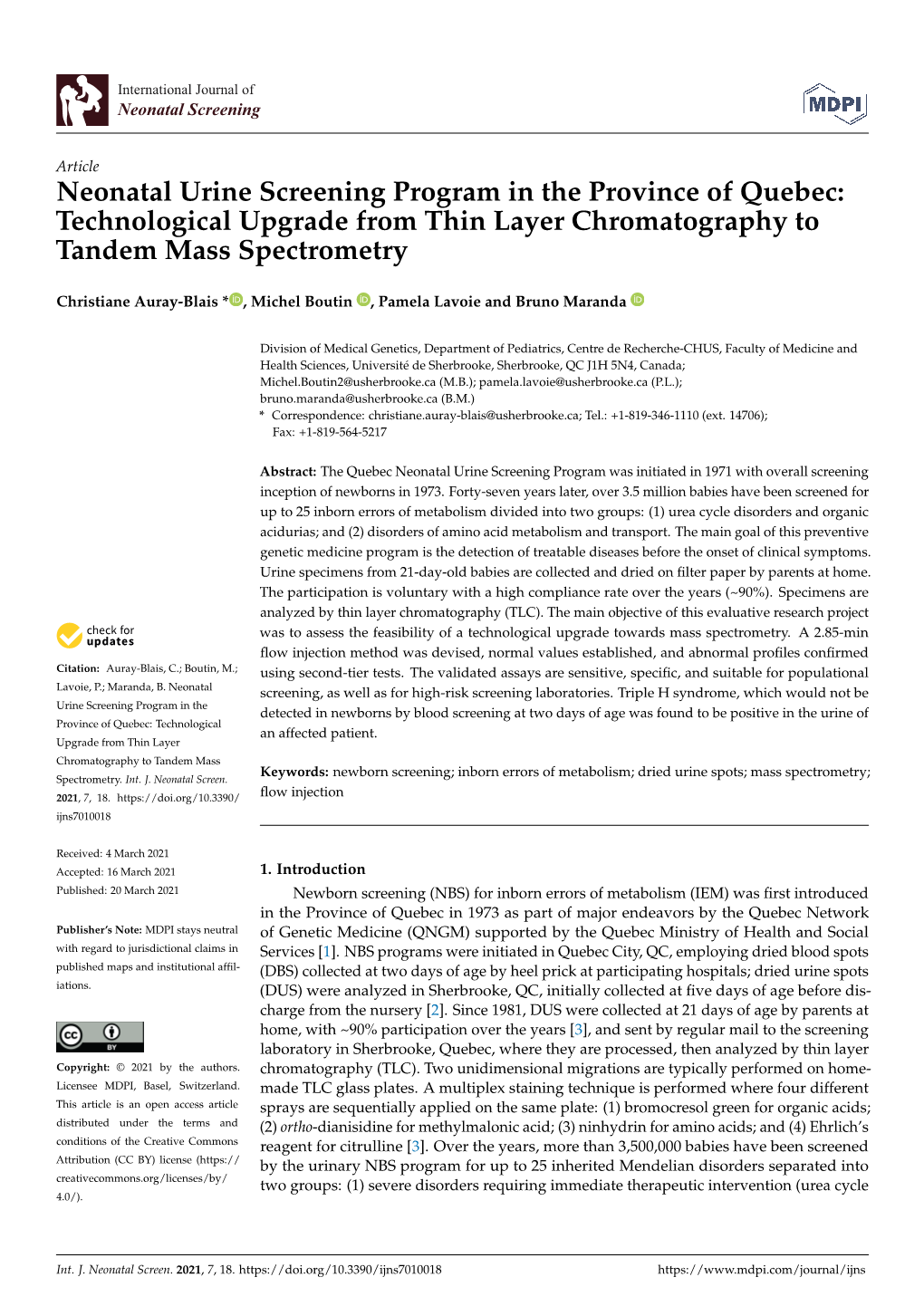 Neonatal Urine Screening Program in the Province of Quebec: Technological Upgrade from Thin Layer Chromatography to Tandem Mass Spectrometry