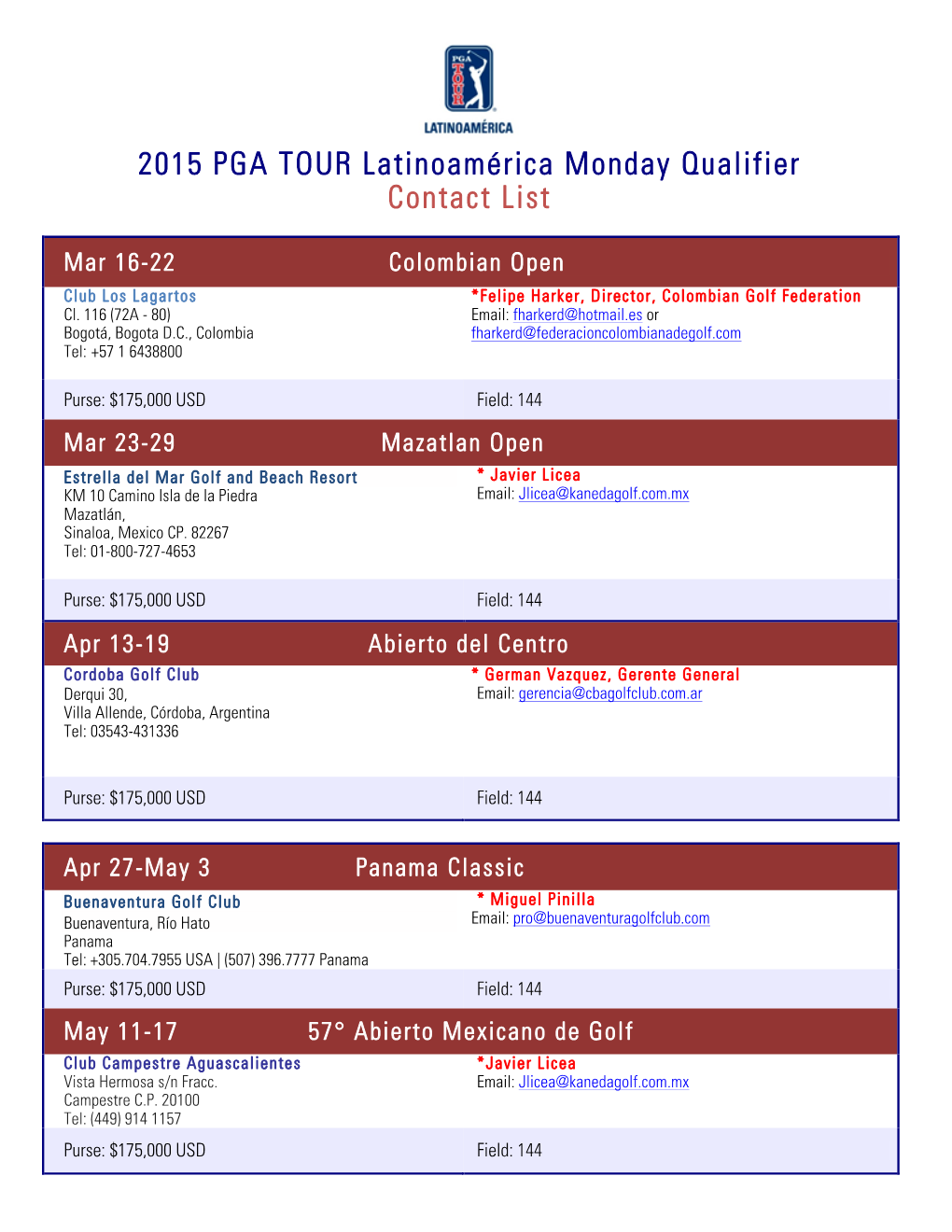 2015 PGA TOUR Latinoamérica Monday Qualifier Contact List