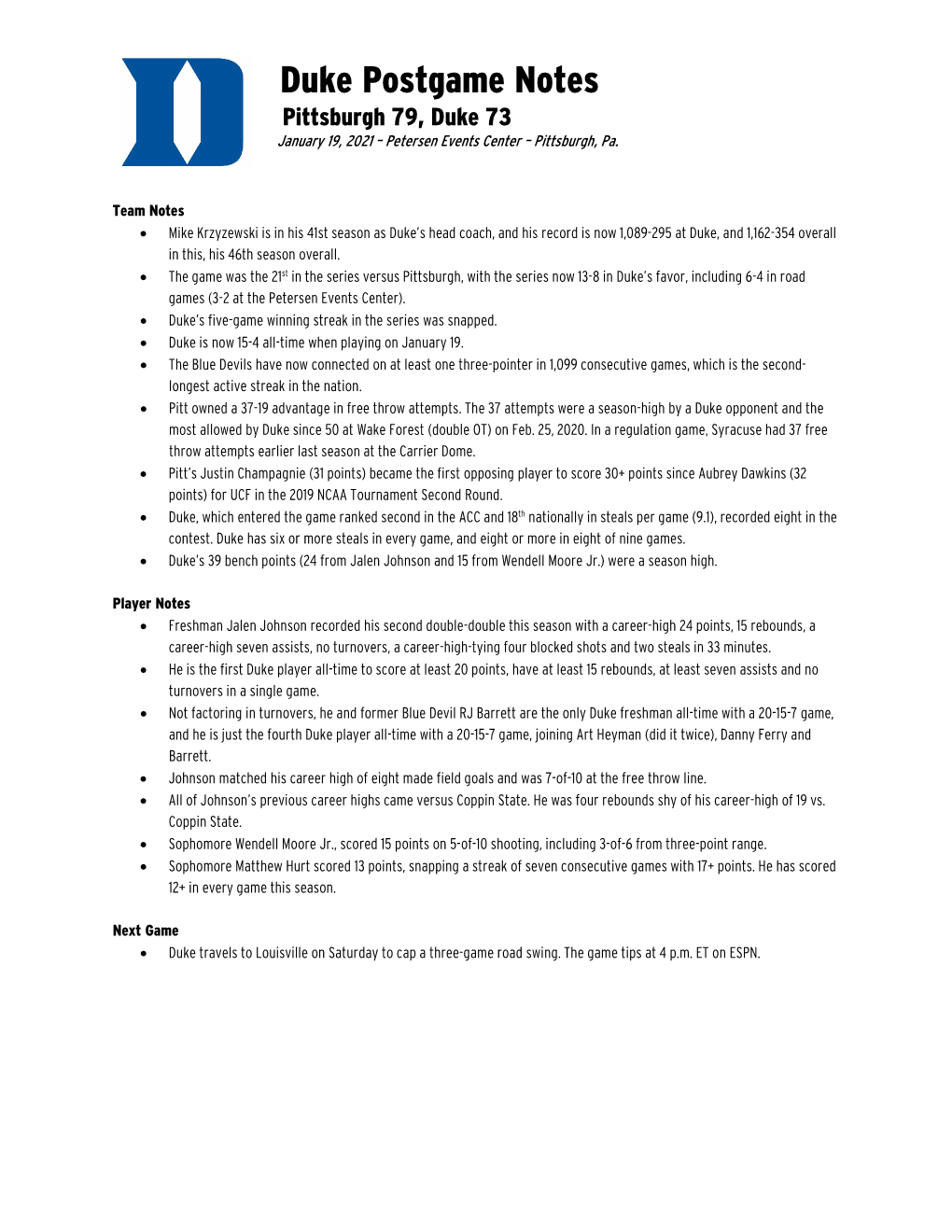 Duke Postgame Notes Pittsburgh 79, Duke 73 January 19, 2021 – Petersen Events Center – Pittsburgh, Pa