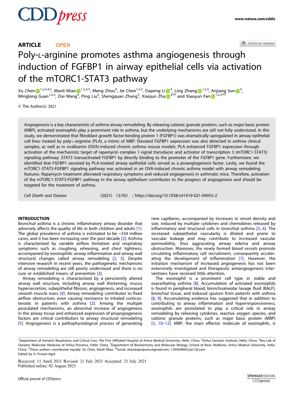 Poly-L-Arginine Promotes Asthma Angiogenesis Through Induction of FGFBP1 in Airway Epithelial Cells Via Activation of the Mtorc1-STAT3 Pathway