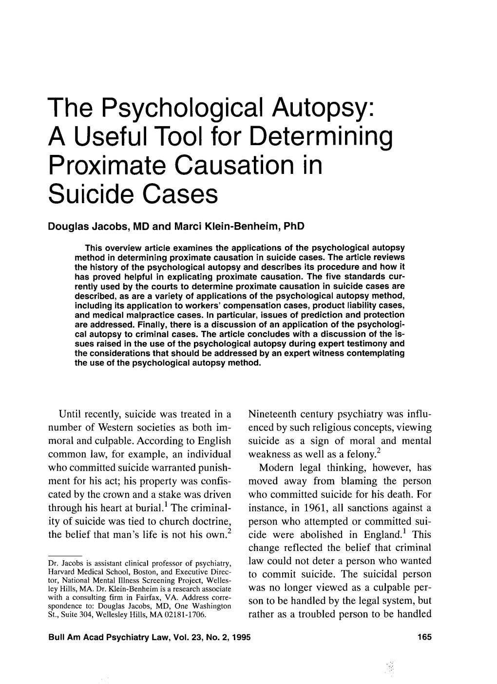 The Psychological Autopsy: a Useful Tool for Determining Proximate Causation in Suicide Cases