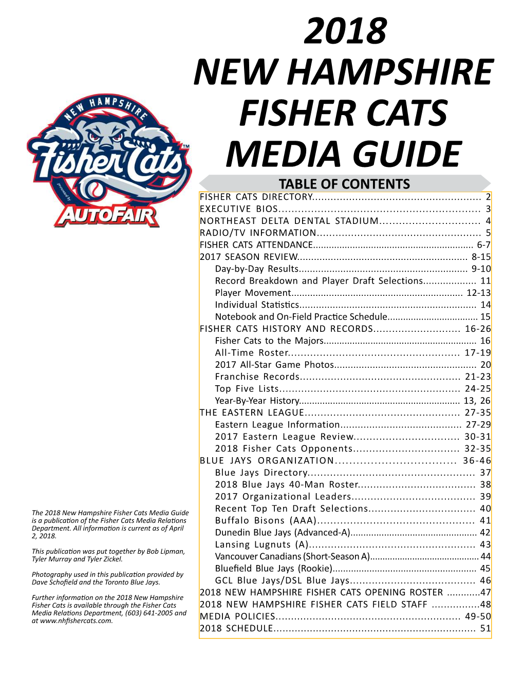 Fisher Cats 2018 Media Guide 2018 Final Unofficial.Indd