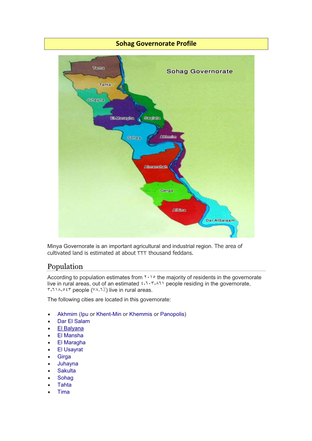 Sohag Governorate Profile Population