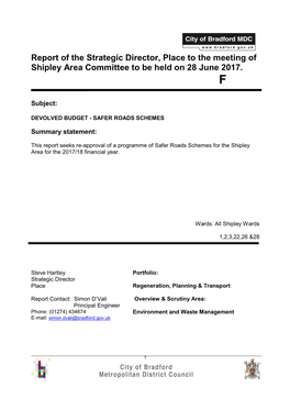 Report of the Strategic Director, Place to the Meeting of Shipley Area Committee to Be Held on 28 June 2017