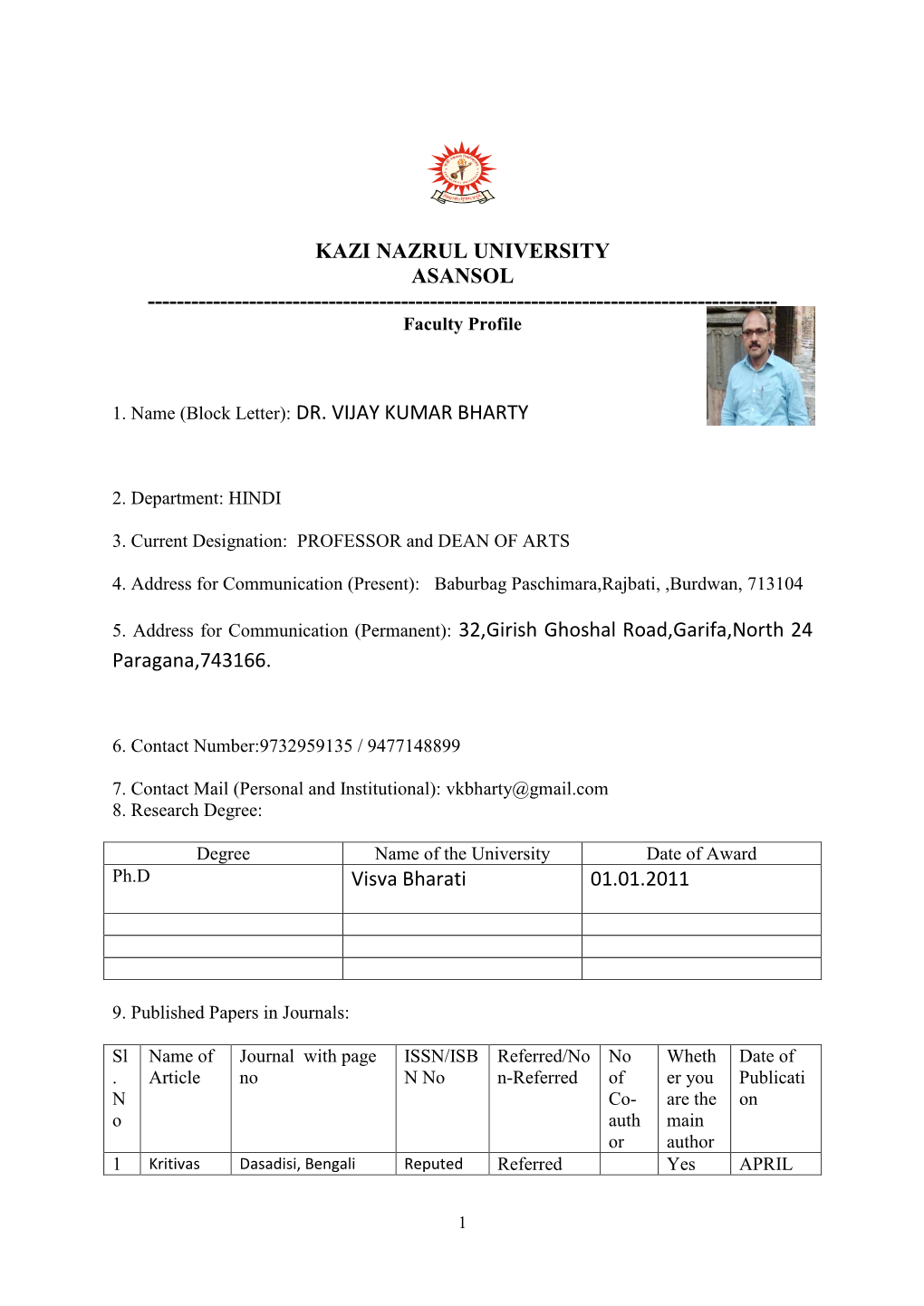 KAZI NAZRUL UNIVERSITY ASANSOL ------Faculty Profile
