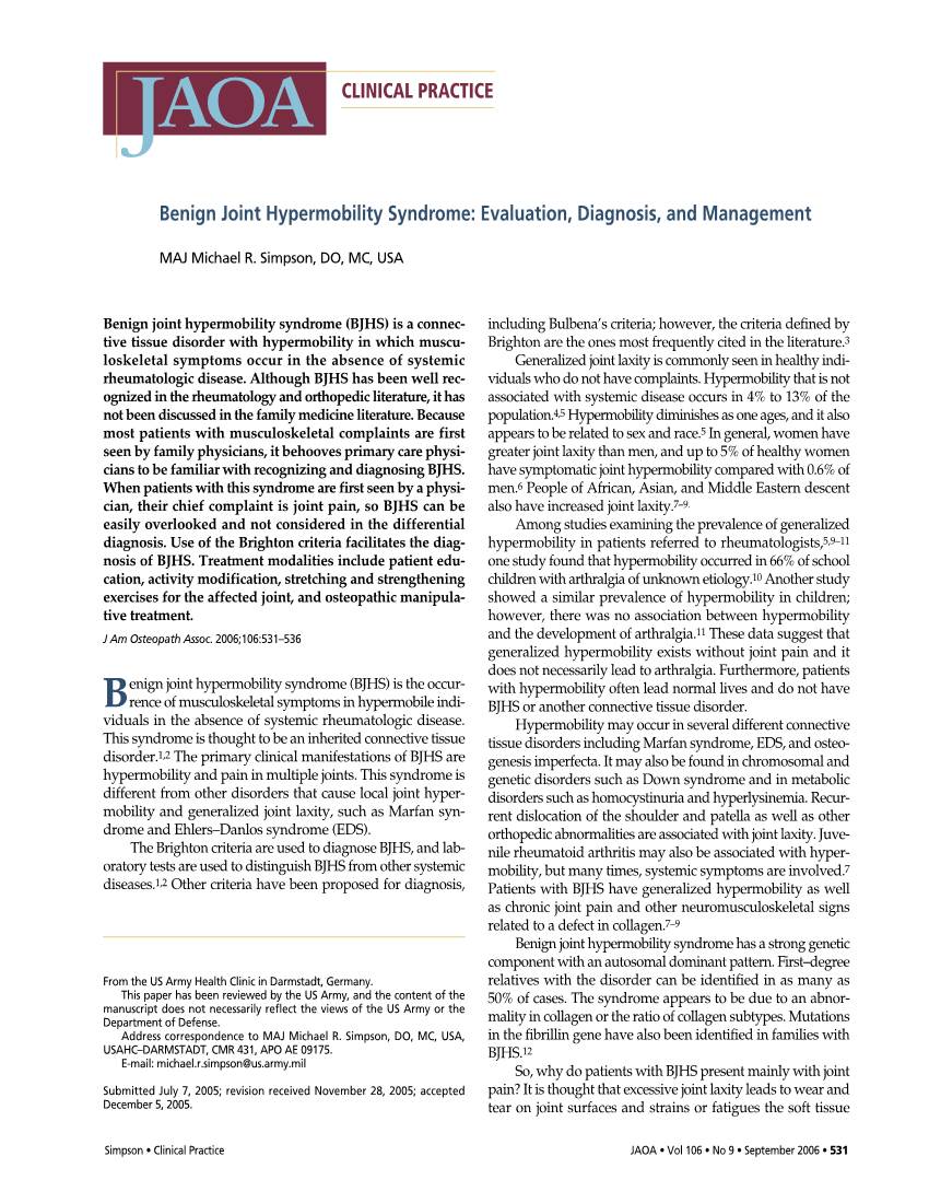 Benign Joint Hypermobility Syndrome: Evaluation, Diagnosis, and Management