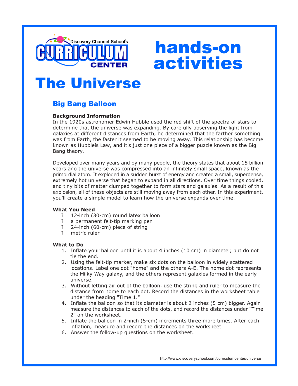 Hands-On Activities the Universe