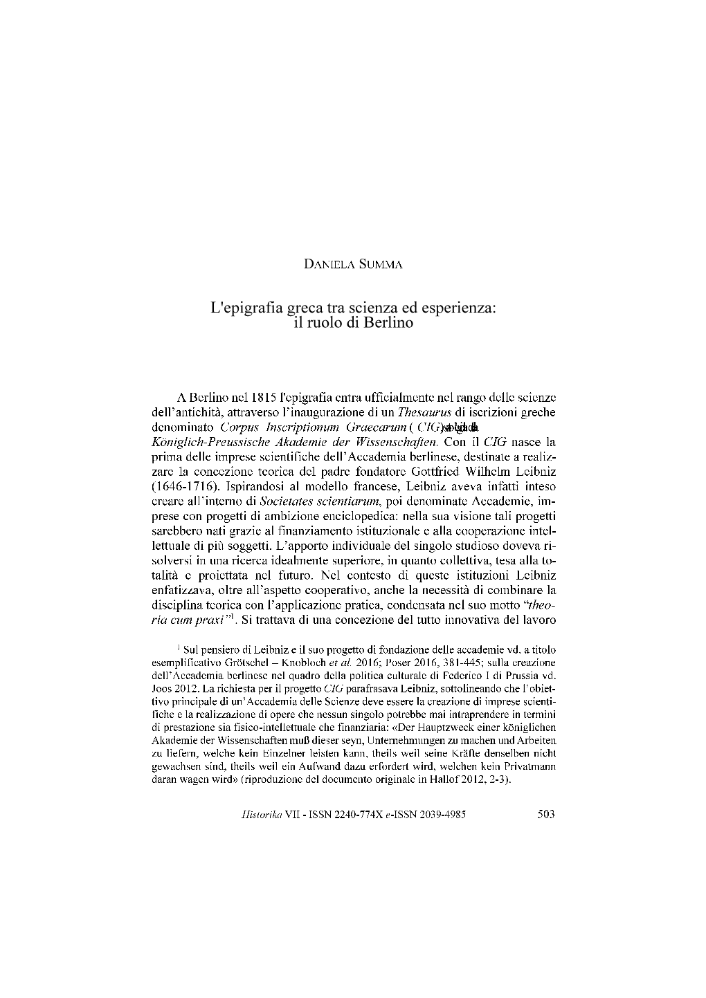 L'epigrafia Greca Tra Scienza Ed Esperienza: Il Ruolo Di Berlino