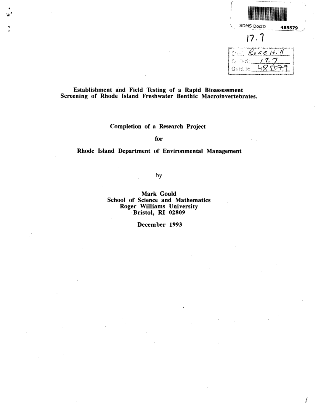 Establishment and Field Testing of a Rapid Bioassessment Screening of Rhode Island Freshwater Benthic Macroinvertebrates