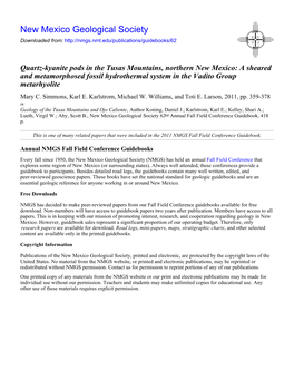 Quartz-Kyanite Pods in the Tusas Mountains, Northern New Mexico: a Sheared and Metamorphosed Fossil Hydrothermal System in the Vadito Group Metarhyolite Mary C