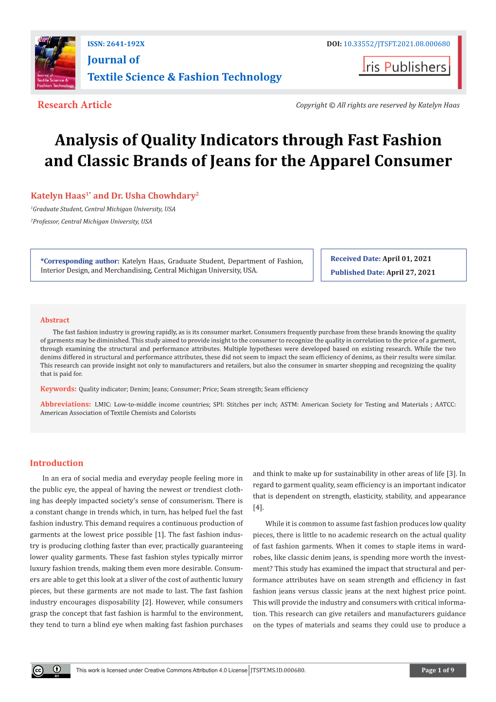 Analysis of Quality Indicators Through Fast Fashion and Classic Brands of Jeans for the Apparel Consumer