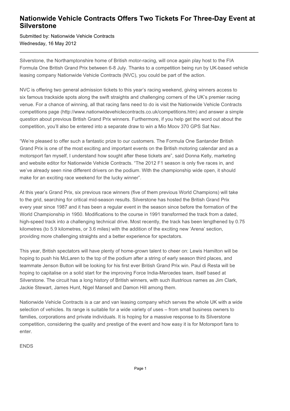 Nationwide Vehicle Contracts Offers Two Tickets for Three-Day Event at Silverstone Submitted By: Nationwide Vehicle Contracts Wednesday, 16 May 2012