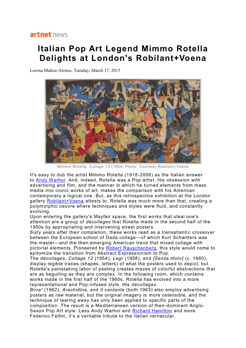 Italian Pop Art Legend Mimmo Rotella Delights at London's Robilant+Voena