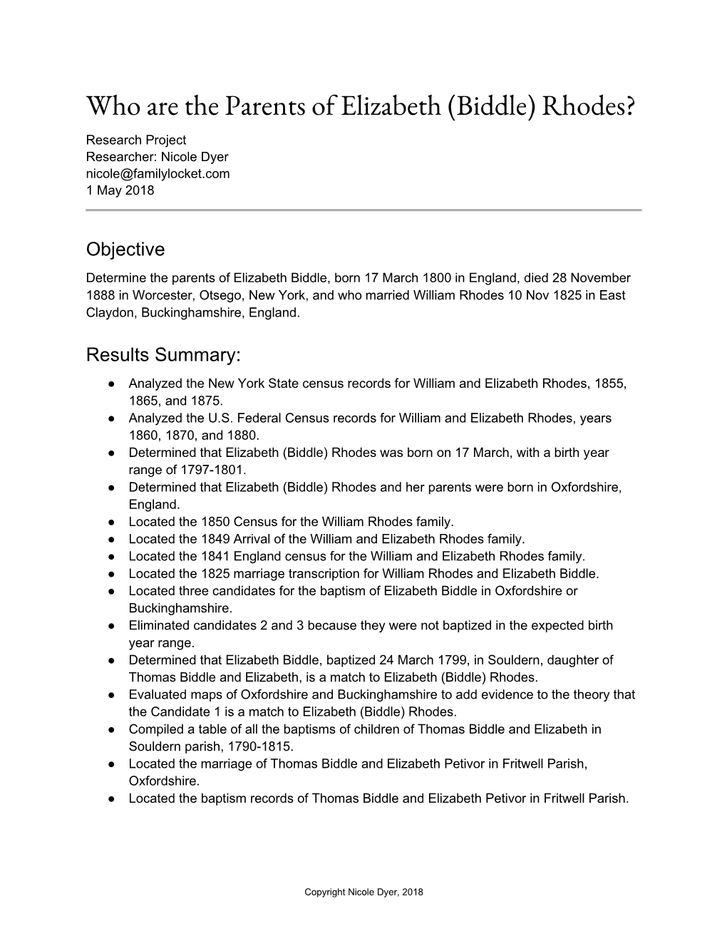 Who Are the Parents of Elizabeth (Biddle) Rhodes? Research Project Researcher: Nicole Dyer Nicole@Familylocket.Com 1 May 2018