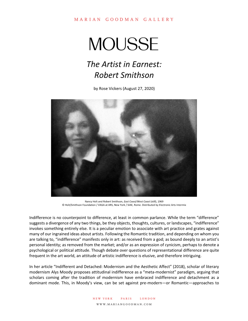 Press the Artist in Earnest: Robert Smithson Mousse Magazine, August 27, 2020