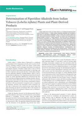 Determination of Piperidine Alkaloids from Indian Tobacco (Lobelia Inflata) Plants and Plant-Derived Products