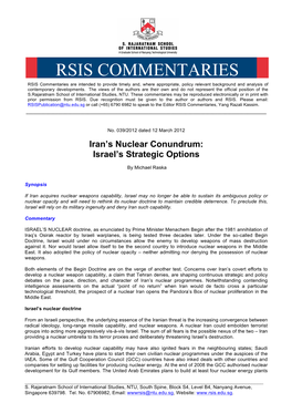 RSIS COMMENTARIES RSIS Commentaries Are Intended to Provide Timely And, Where Appropriate, Policy Relevant Background and Analysis of Contemporary Developments