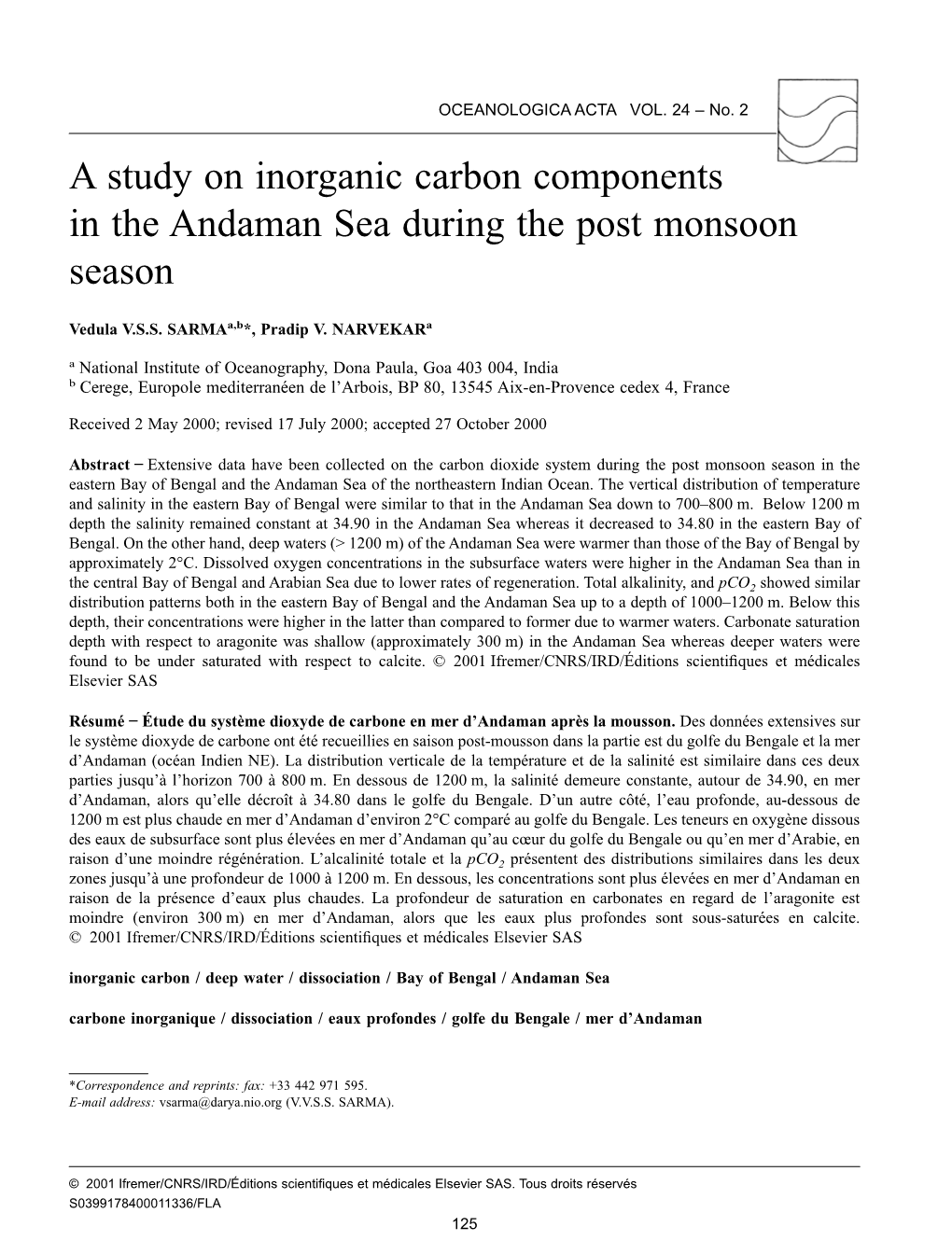 A Study on Inorganic Carbon Components in the Andaman Sea During the Post Monsoon Season