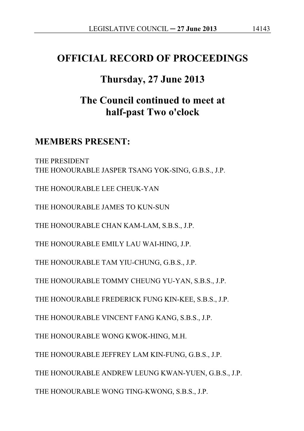OFFICIAL RECORD of PROCEEDINGS Thursday, 27 June