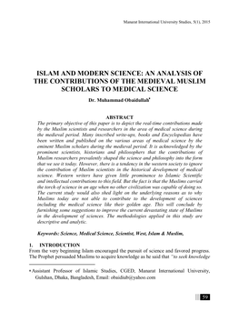 An Analysis of the Contributions of the Medieval Muslim Scholars to Medical Science
