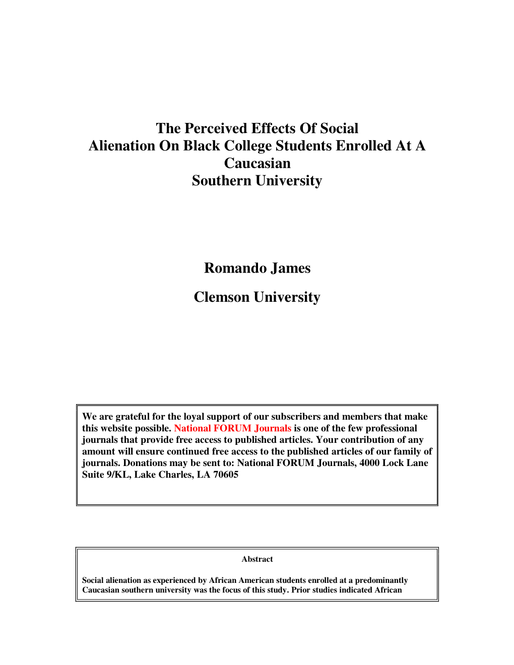 The Perceived Effects of Social Alienation on Black College Students Enrolled at a Caucasian Southern University