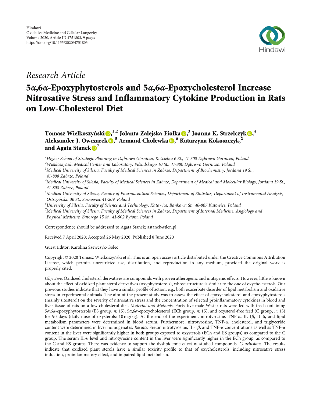 5Α, 6Α-Epoxyphytosterols and 5Α, 6Α-Epoxycholesterol Increase Nitrosative Stress and Inflammatory Cytokine Production in Rats on Low-Cholesterol Diet