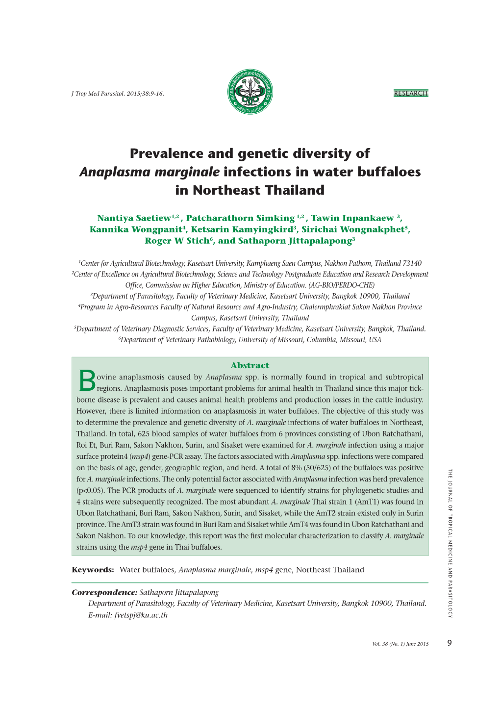 Prevalence and Genetic Diversity of Anaplasma Marginale Infections in Water Buffaloes in Northeast Thailand