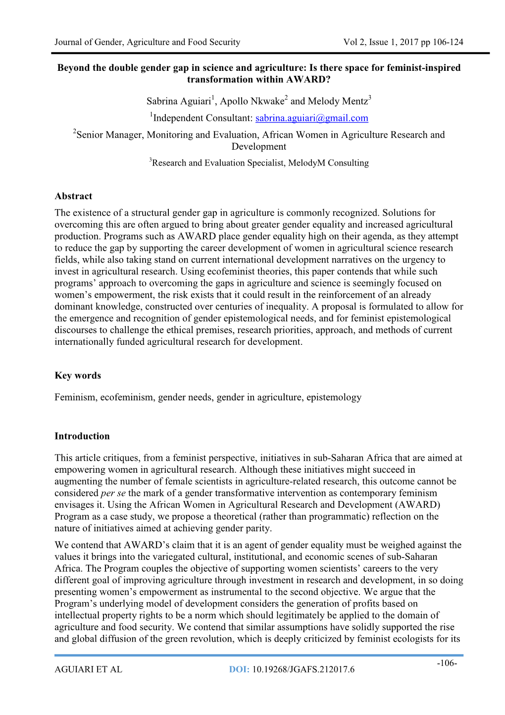 Beyond the Double Gender Gap in Science and Agriculture: Is There Space for Feminist-Inspired Transformation Within AWARD?