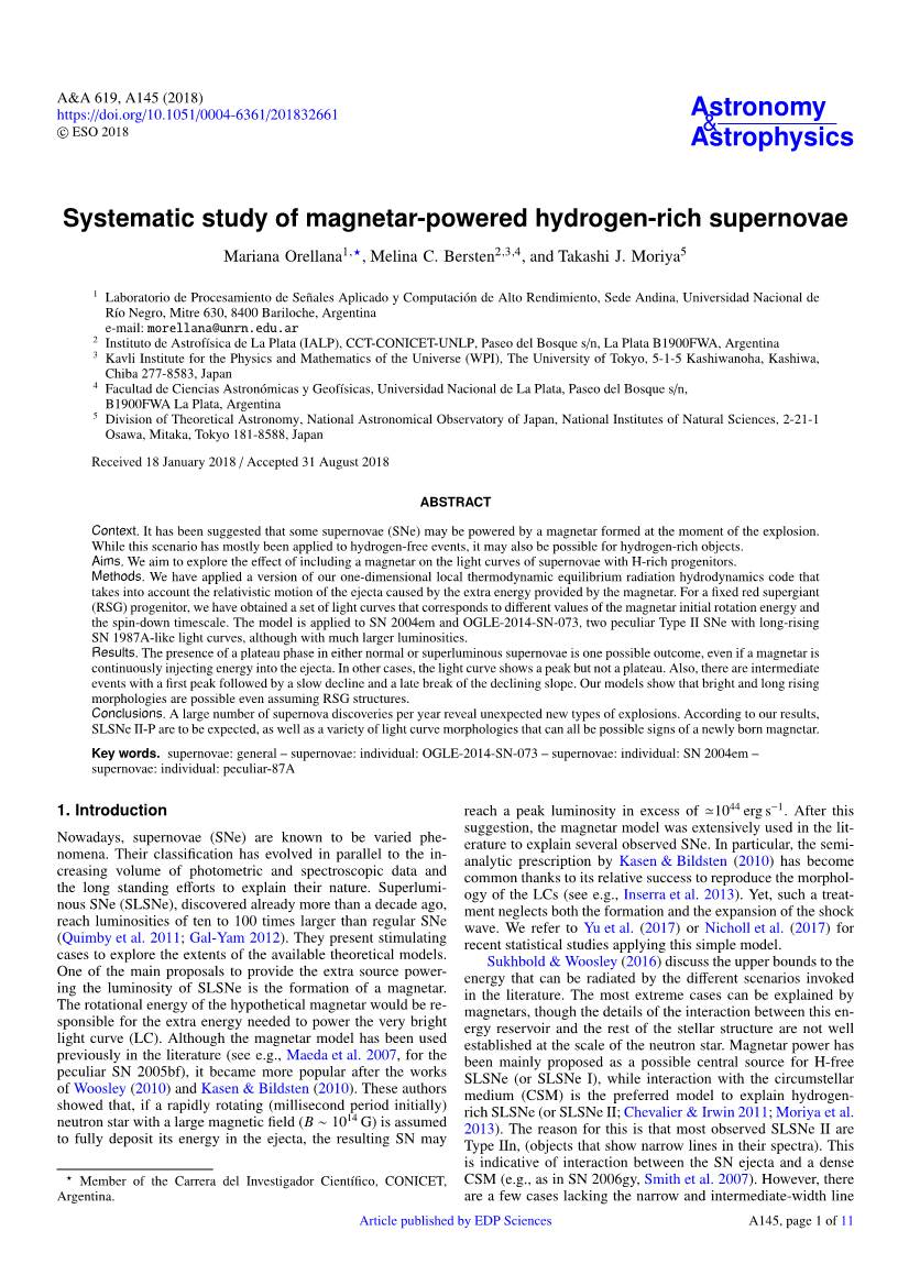 Systematic Study of Magnetar-Powered Hydrogen-Rich Supernovae Mariana Orellana1,?, Melina C