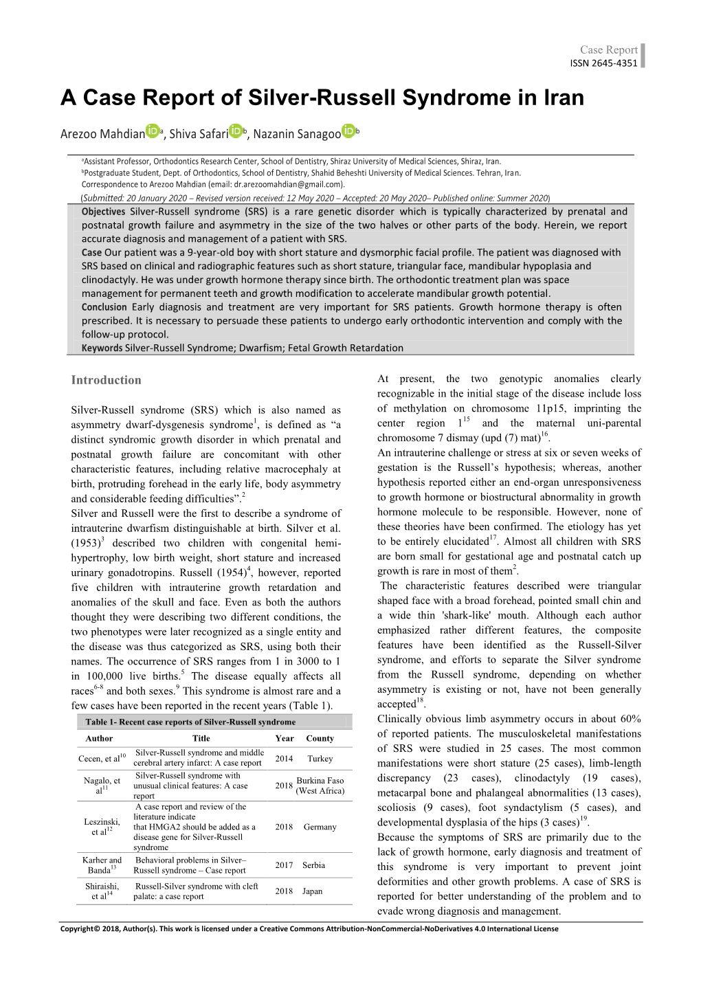 A Case Report of Silver-Russell Syndrome in Iran