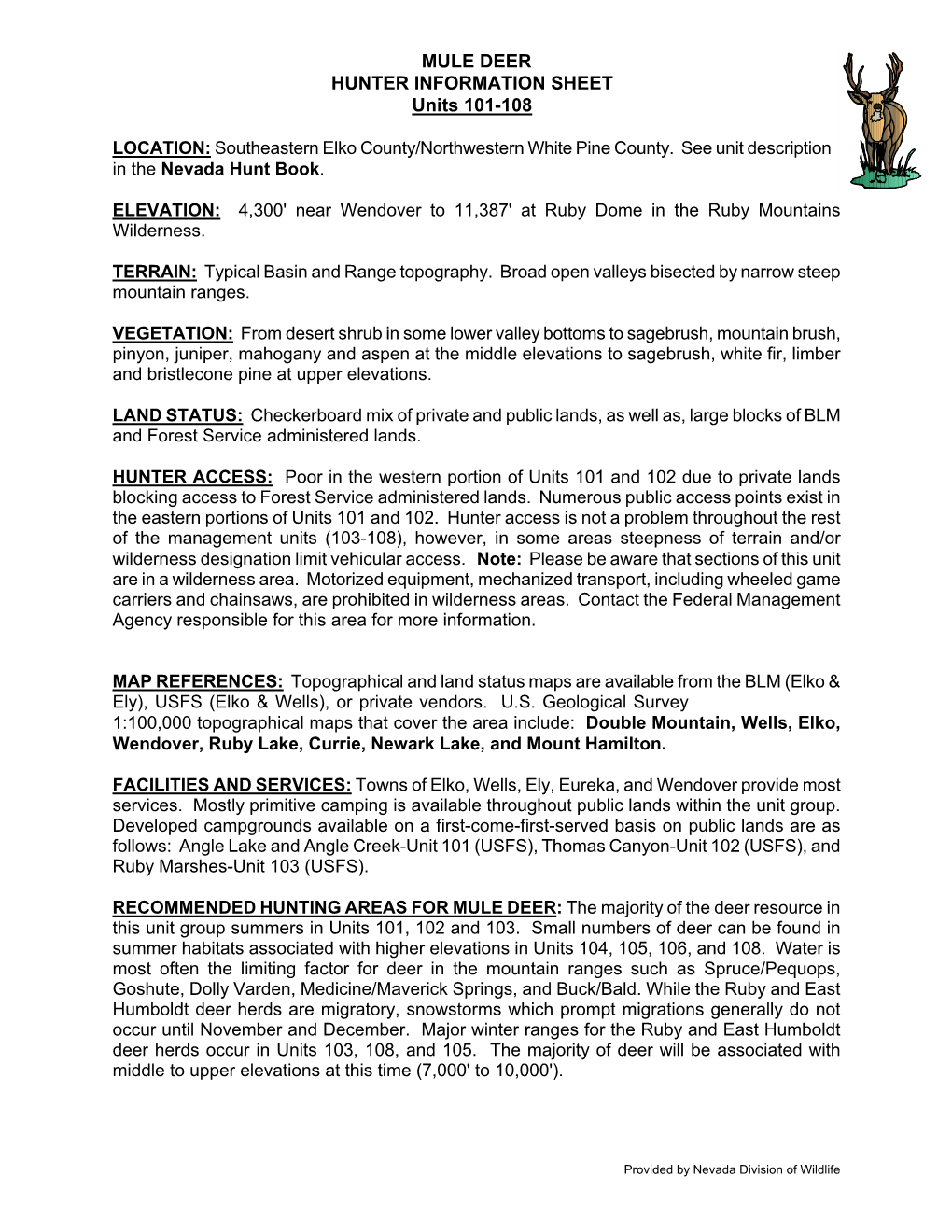 MULE DEER HUNTER INFORMATION SHEET Units 101-108