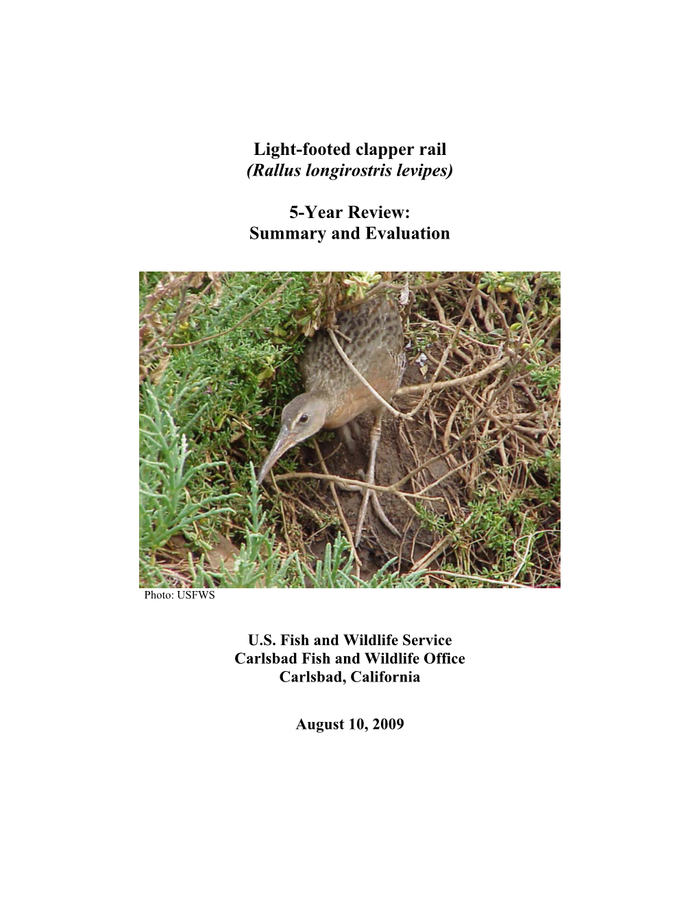 Light-Footed Clapper Rail (Rallus Longirostris Levipes) 5-Year Review: Summary and Evaluation