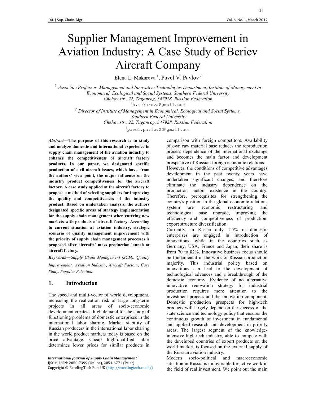 Supplier Management Improvement in Aviation Industry: a Case Study of Beriev Aircraft Company Elena L