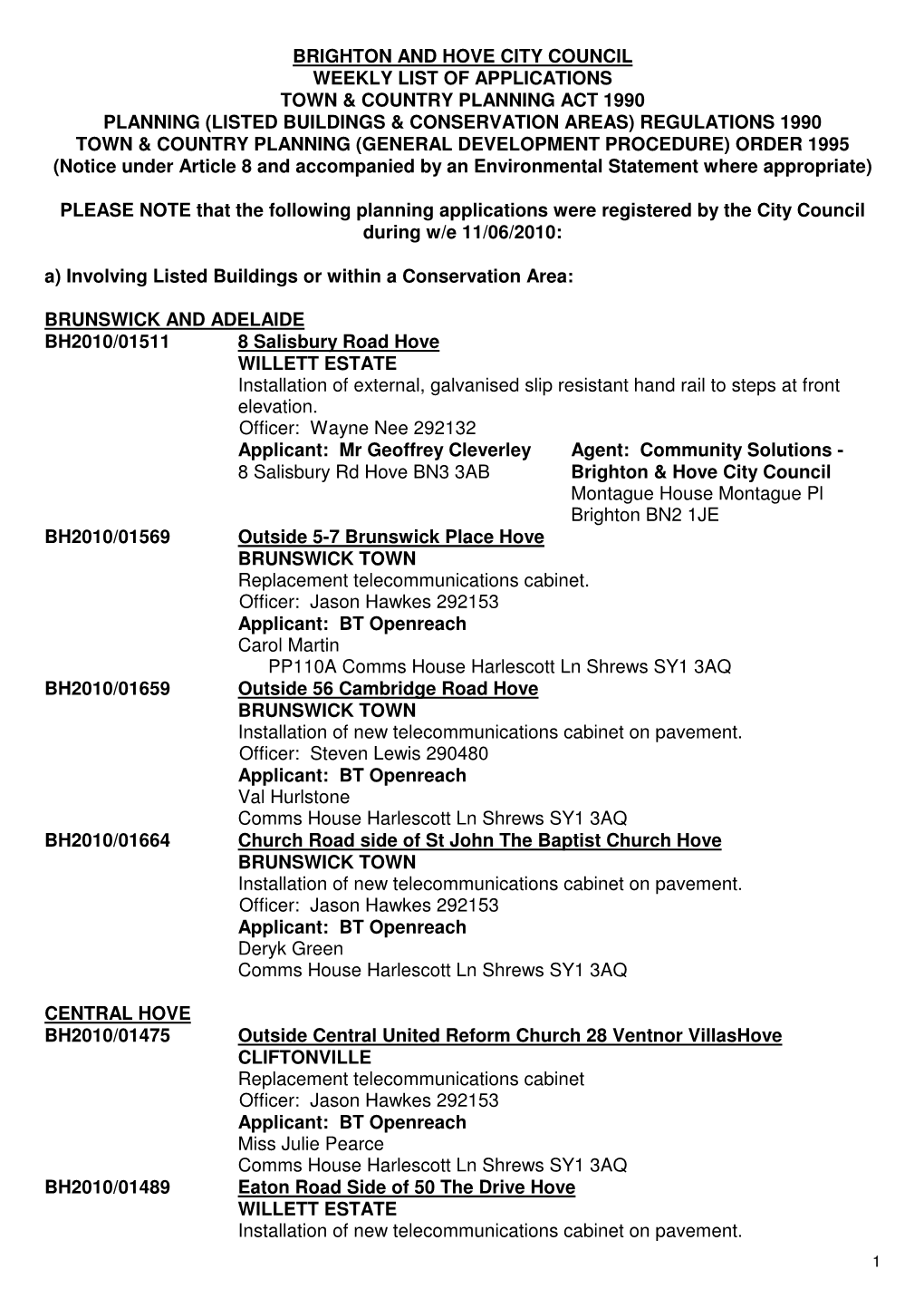 Brighton and Hove City Council Weekly List Of