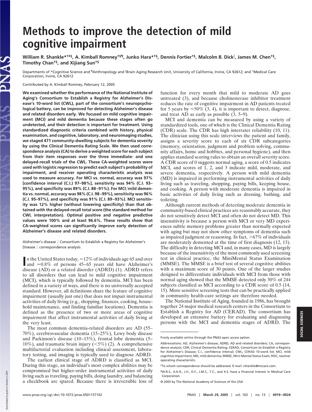 Methods to Improve the Detection of Mild Cognitive Impairment