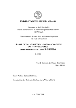 Dottorato in Studi Linguistici, Letterari E Interculturali in Ambito Europeo Ed Extra-Europeo XXXII Ciclo