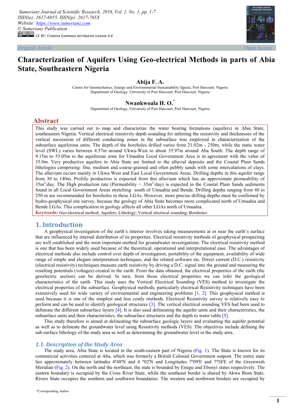 Characterization of Aquifers Using Geo-Electrical Methods in Parts of Abia State, Southeastern Nigeria