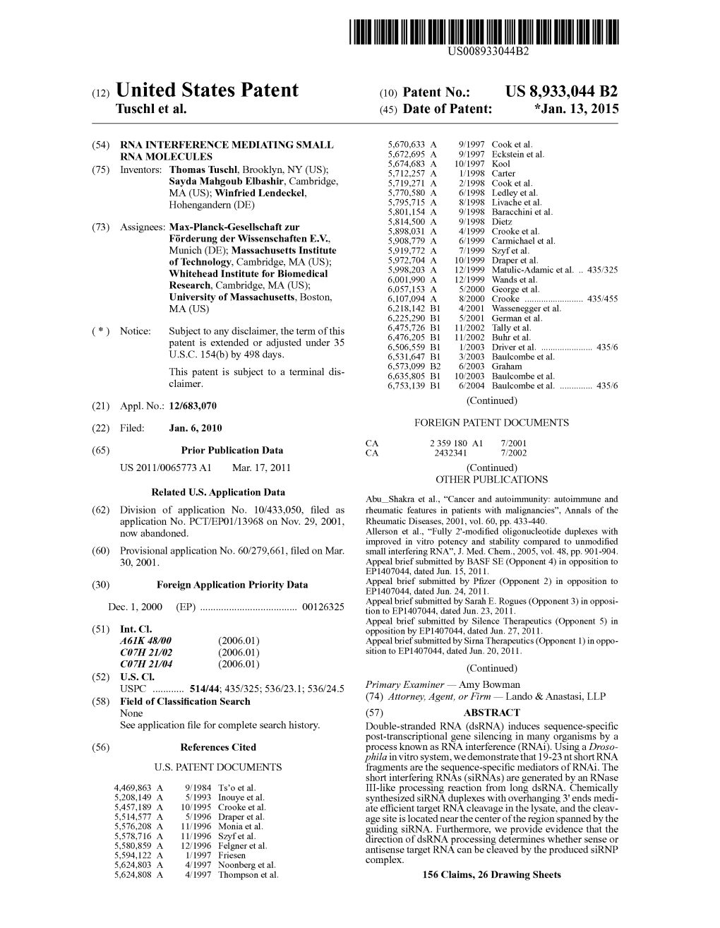 (12) United States Patent (10) Patent No.: US 8,933,044 B2 Tuschl Et Al