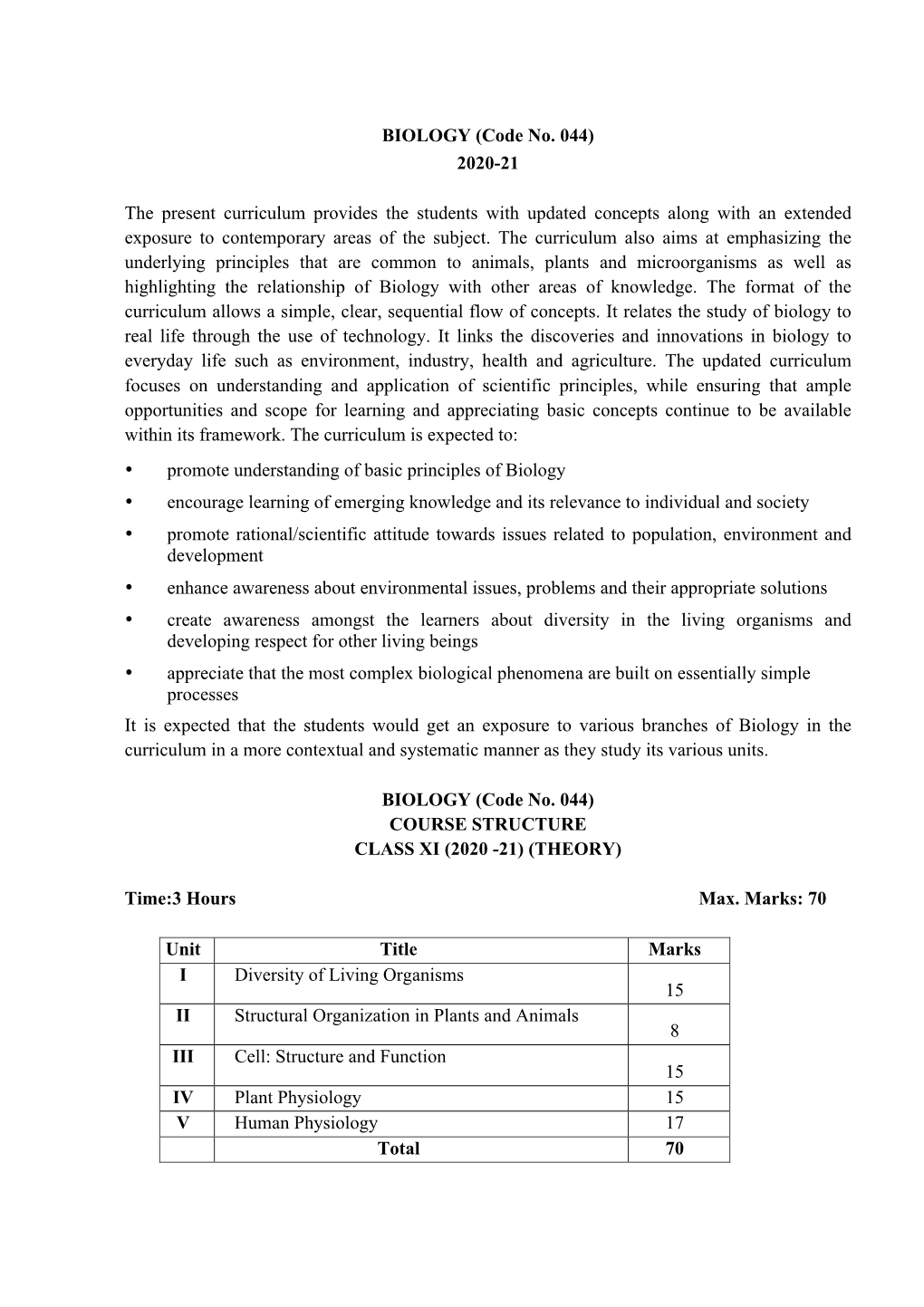 BIOLOGY (Code No. 044) 2020-21 the Present Curriculum Provides the Students with Updated Concepts Along with an Extended Exposur