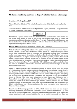 Abstract Rabindranath Tagore’S Various Novels and Short Stories Tried to Visualize the Life of Women and the Diverse Roles Played by Them in the Society