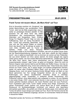 PRESSEMITTEILUNG 29.01.2018 Frank Turner Mit Neuem Album „Be