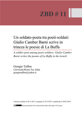 Giulio Camber Barni Scrive in Trincea Le Poesie Di La Buffa a Soldier-Poet Among Poets-Soldiers: Giulio Camber Barni Writes the Poems of La Buffa in the Trench