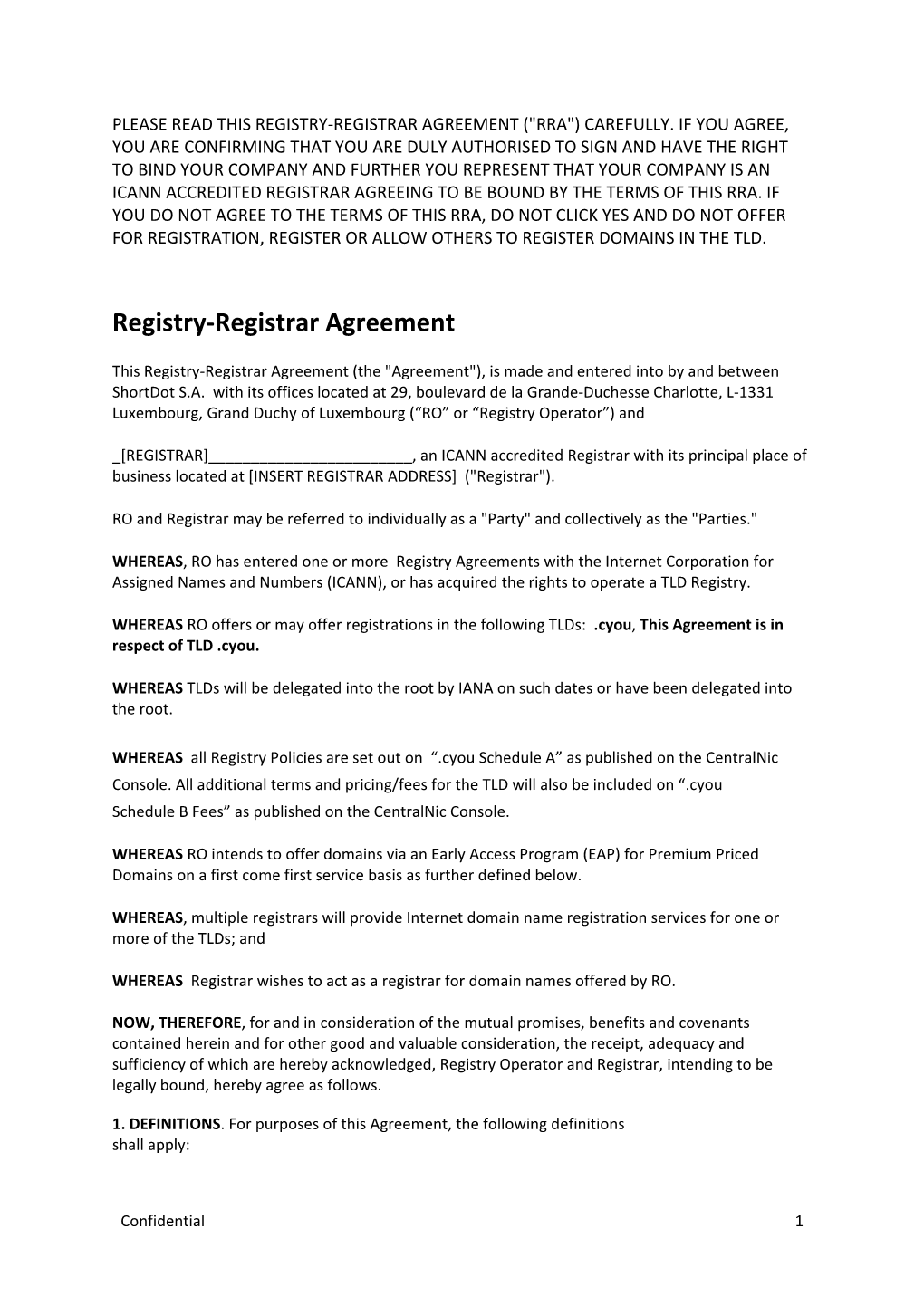 Registry-Registrar Agreement (